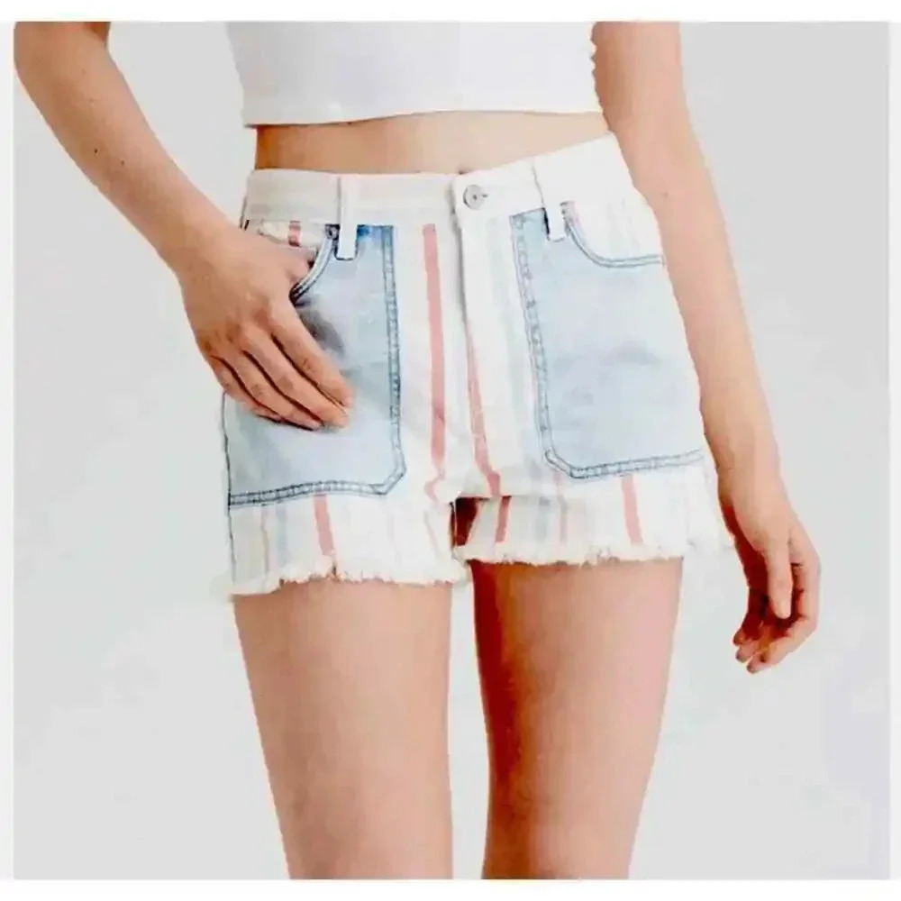 NWT American Eagle AE High Rise Mom Jean Shorts Denim Pastel Striped Raw Hem 8